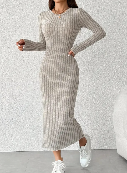 Robe élégante pour femmes, couleur unie, col rond, manches longues