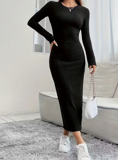 Robe élégante pour femmes, couleur unie, col rond, manches longues