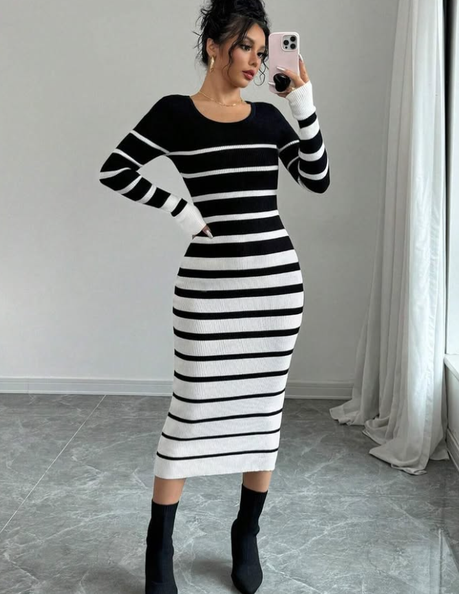 Robe Élégance Rayée Noir & Blanc